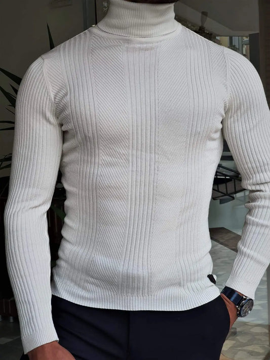 Elko White Slim Fit Striped Turtleneck Wool Sweater - BRABION