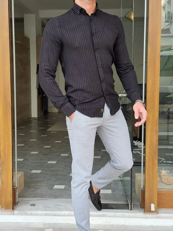 Brabion Mantova Black Slim Fit Long Sleeve Striped Cotton Shirt - BRABION