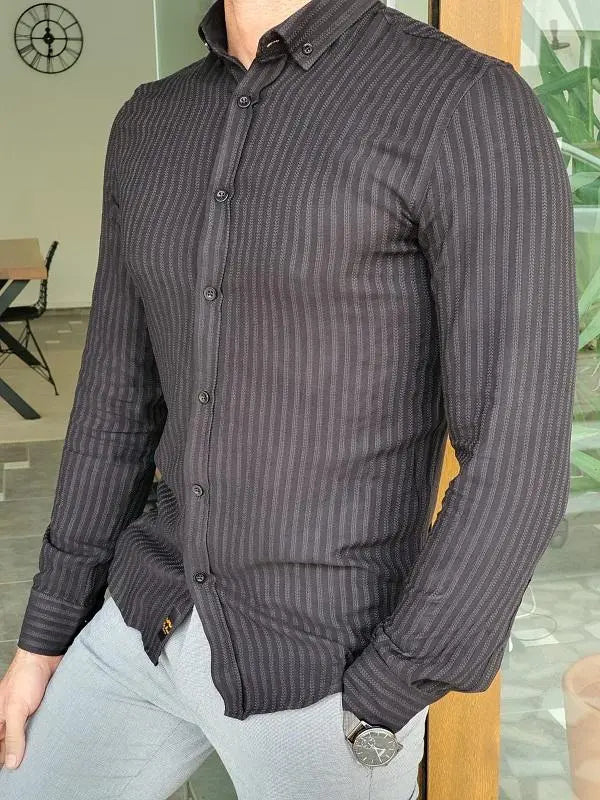 Brabion Mantova Black Slim Fit Long Sleeve Striped Cotton Shirt - BRABION