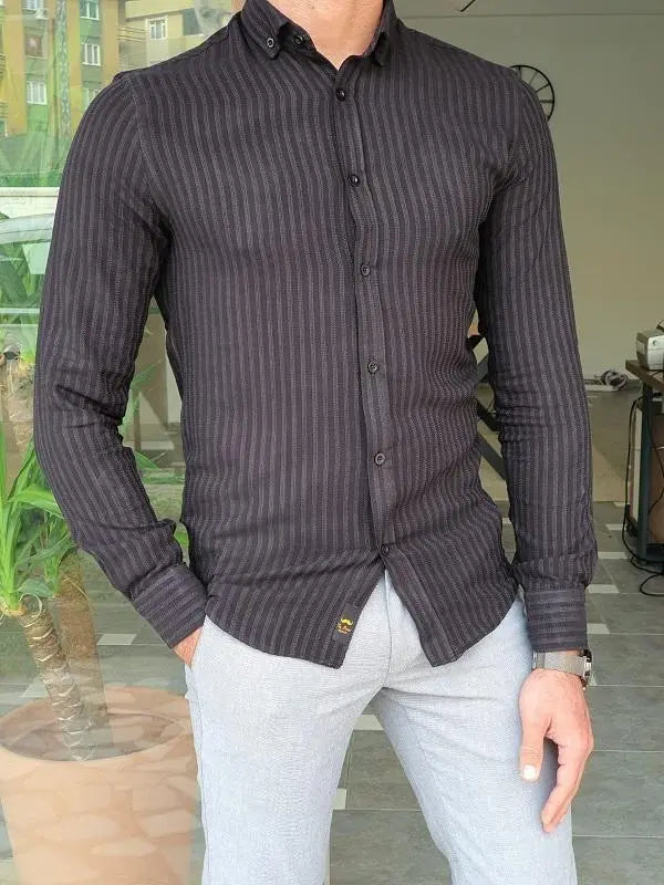 Brabion Mantova Black Slim Fit Long Sleeve Striped Cotton Shirt - BRABION