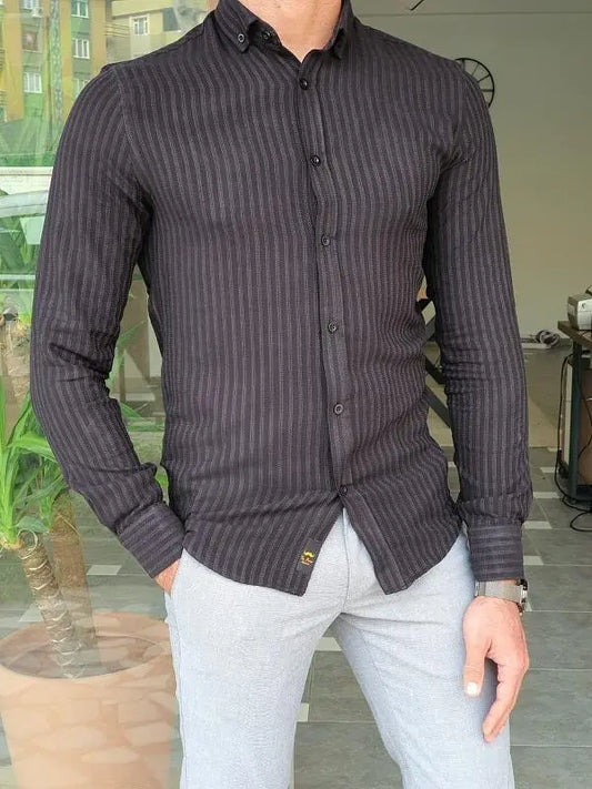 Brabion Mantova Black Slim Fit Long Sleeve Striped Cotton Shirt - BRABION