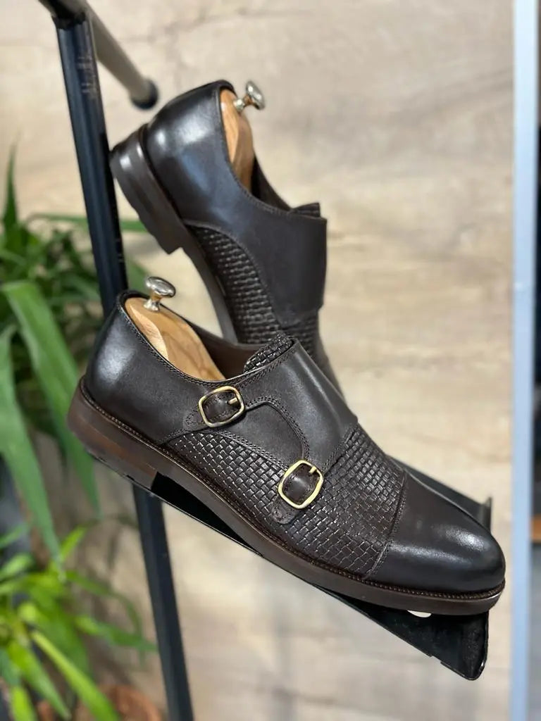 Ely Brown Cap Toe Double Monk Strap Shoes - BRABION