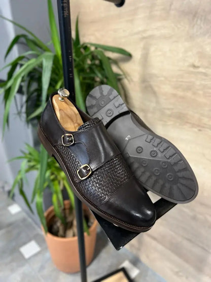 Ely Brown Cap Toe Double Monk Strap Shoes - BRABION