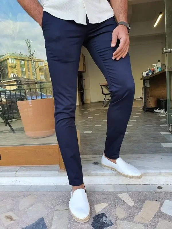 Mantova Ely Dark Blue Slim Fit Cotton Pants - BRABION