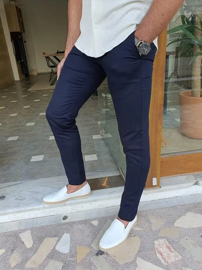 Mantova Ely Dark Blue Slim Fit Cotton Pants - BRABION