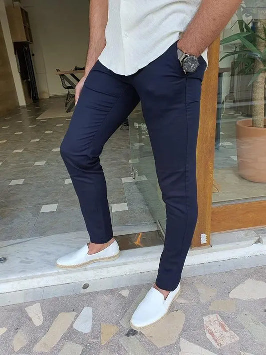 Mantova Ely Dark Blue Slim Fit Cotton Pants - BRABION