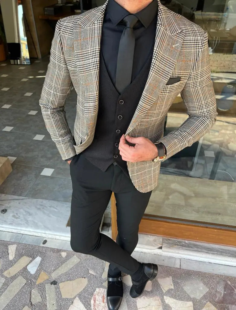 Empire Beige Slim Fit Plaid Blazer - BRABION