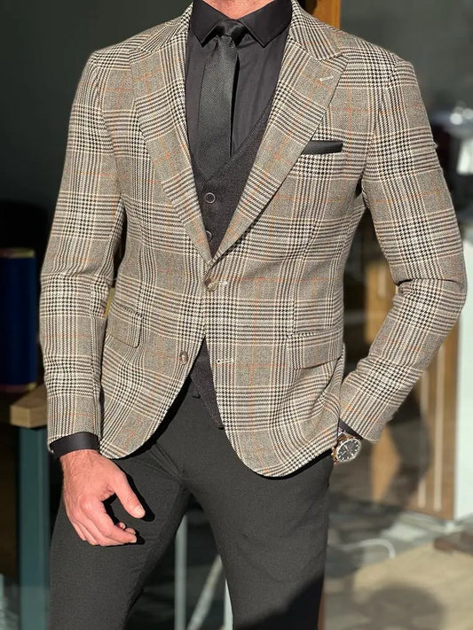Empire Beige Slim Fit Plaid Blazer - BRABION