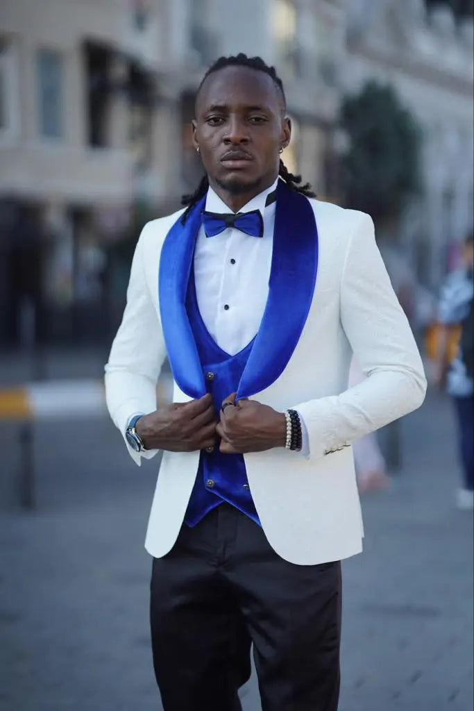 Empire Blue & White Slim Fit Velvet Shawl Lapel Wool Tuxedo - BRABION