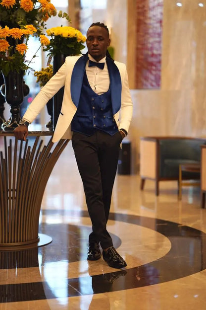 Empire Blue & White Slim Fit Velvet Shawl Lapel Wool Tuxedo - BRABION