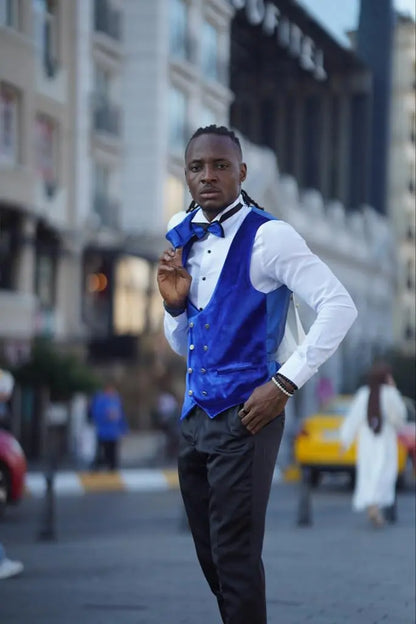 Empire Blue & White Slim Fit Velvet Shawl Lapel Wool Tuxedo - BRABION