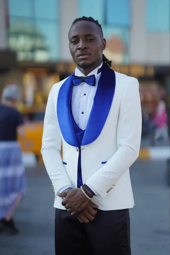 Empire Blue & White Slim Fit Velvet Shawl Lapel Wool Tuxedo - BRABION