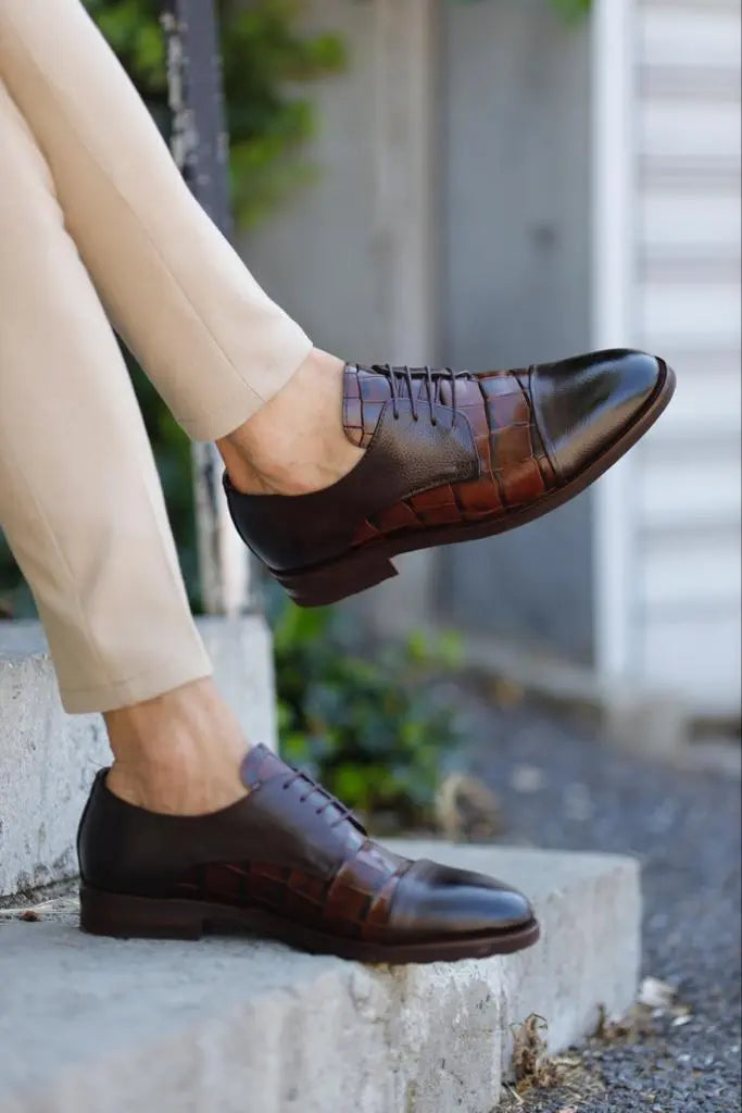 Empire Brown Cap Toe Crocodile Pattern Derby Shoes - BRABION