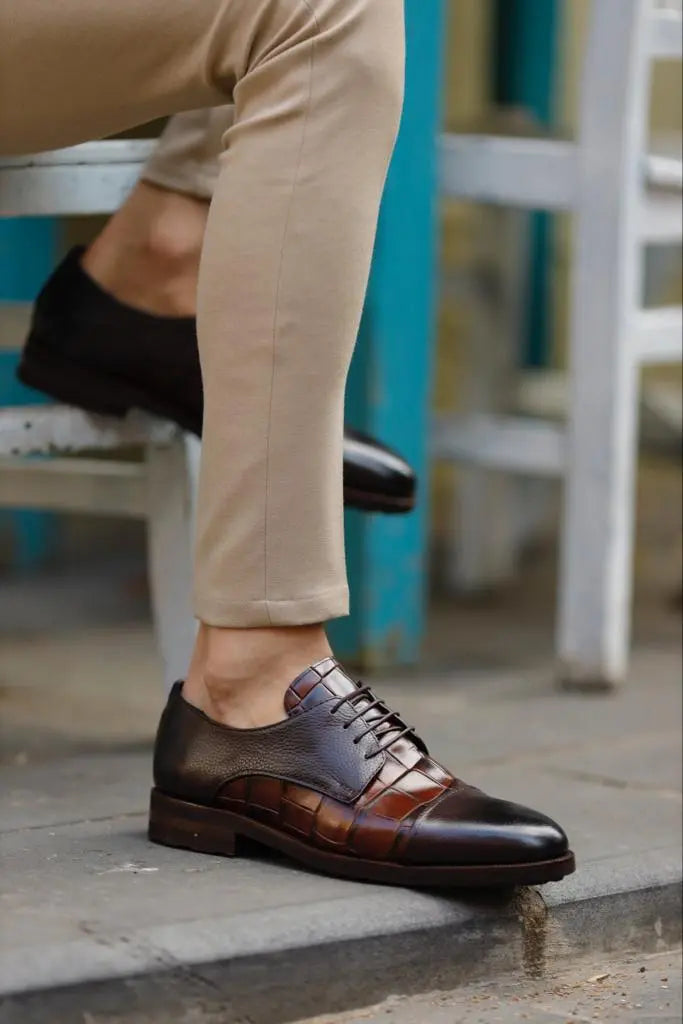 Empire Brown Cap Toe Crocodile Pattern Derby Shoes - BRABION