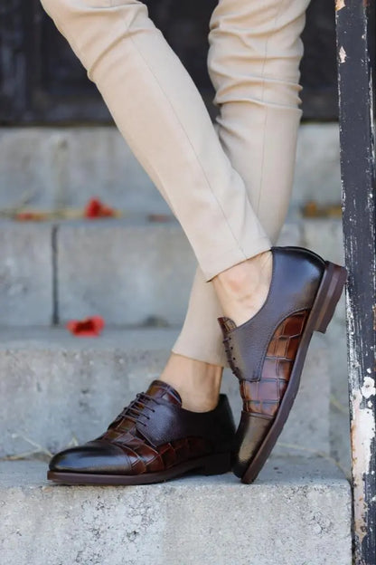 Empire Brown Cap Toe Crocodile Pattern Derby Shoes - BRABION