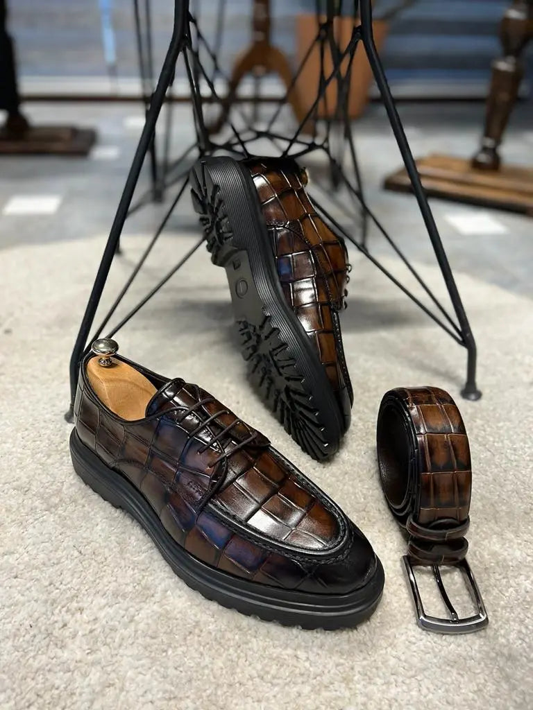 Empire Brown Crocodile Pattern Derby Shoes for Distinguished Men - BRABION