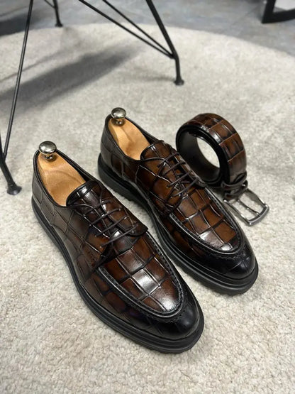 Empire Brown Crocodile Pattern Derby Shoes for Distinguished Men - BRABION