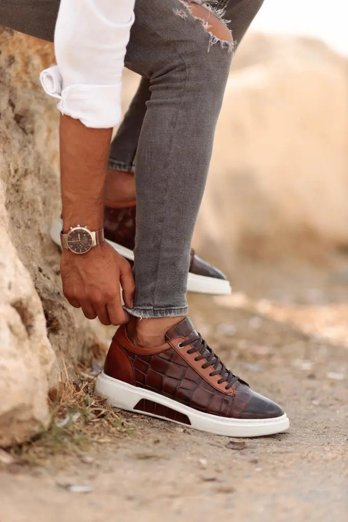 Empire Brown Crocodile Pattern Sneakers - BRABION