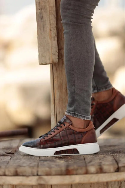 Empire Brown Crocodile Pattern Sneakers - BRABION