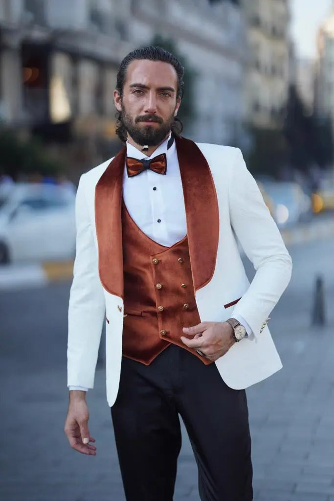 Empire Brown & White Slim Fit Velvet Shawl Lapel Wool Tuxedo - BRABION