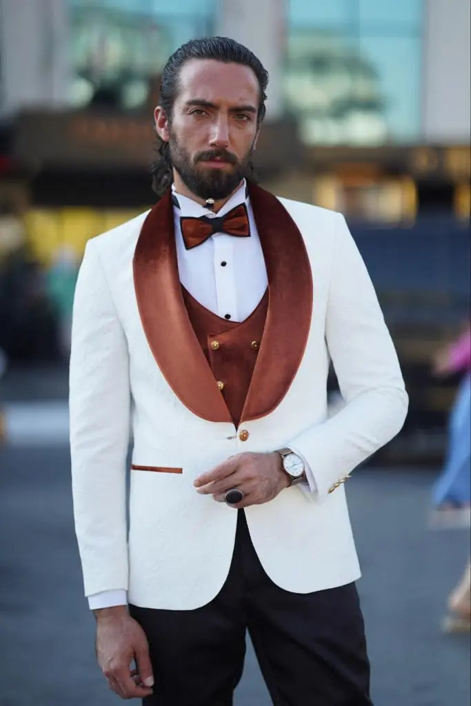 Empire Brown & White Slim Fit Velvet Shawl Lapel Wool Tuxedo - BRABION