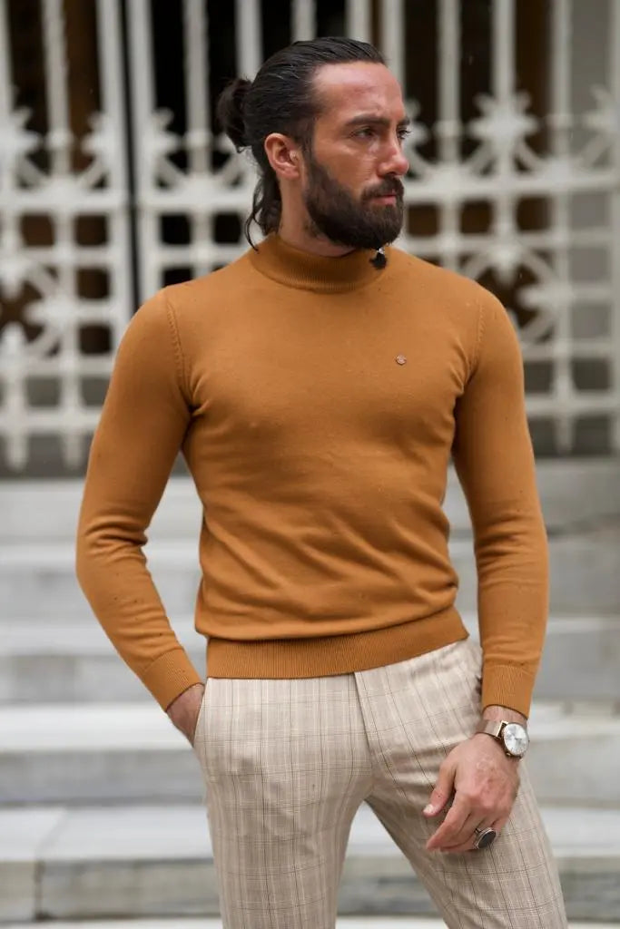 Empire Camel Slim Fit Mock Turtleneck Sweater - BRABION