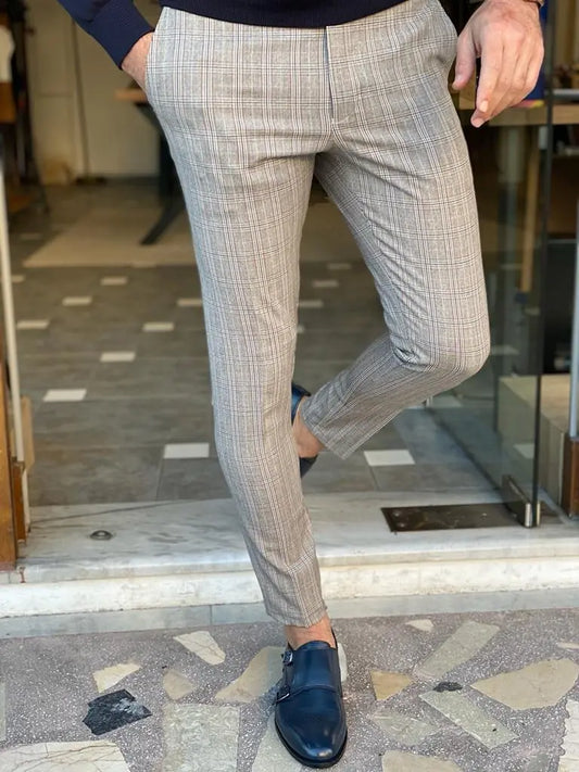 Empire Gray Slim Fit Plaid Pants - Versatile Elegance for Every Occasion - BRABION