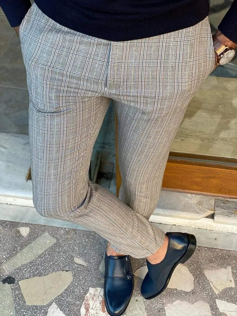Empire Gray Slim Fit Plaid Pants - Versatile Elegance for Every Occasion - BRABION