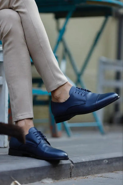 Empire Navy Blue Cap Toe Laced Derby Shoes - BRABION
