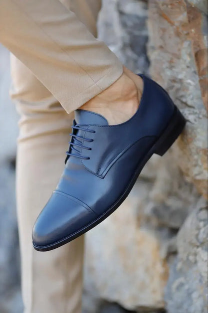 Empire Navy Blue Cap Toe Laced Derby Shoes - BRABION