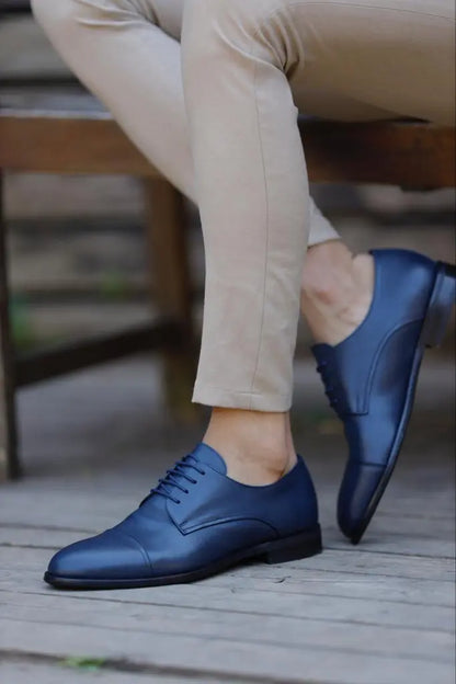 Empire Navy Blue Cap Toe Laced Derby Shoes - BRABION