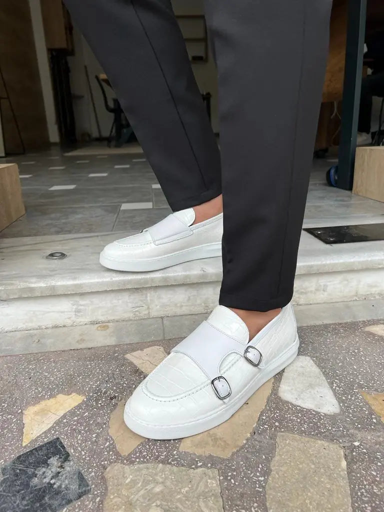 Empire White Crocodile Pattern Monk Strap Casual Shoes - BRABION