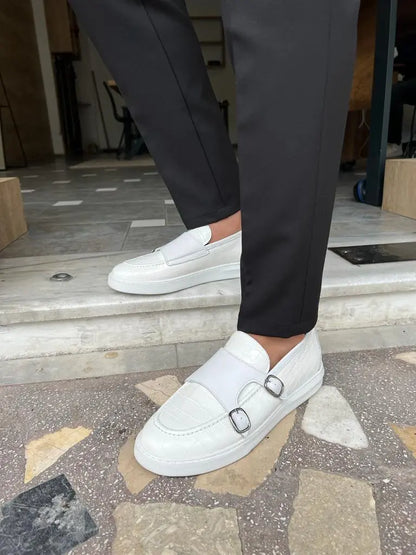 Empire White Crocodile Pattern Monk Strap Casual Shoes - BRABION