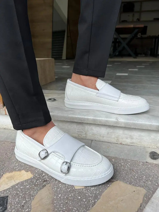 Empire White Crocodile Pattern Monk Strap Casual Shoes - BRABION