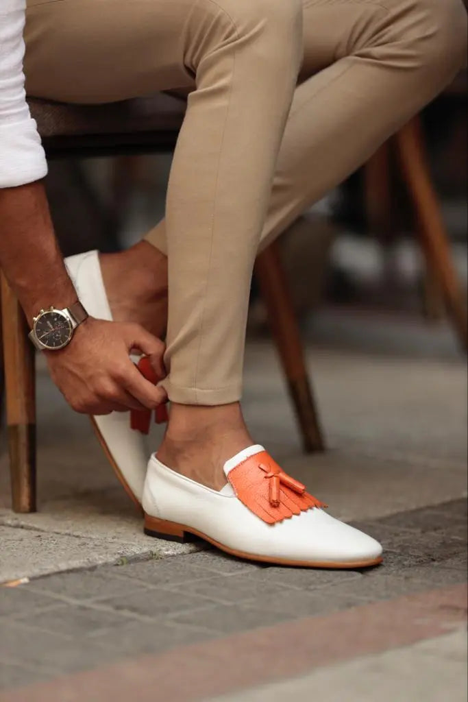 Empire White Kilt Tassel Slip-Ons: Elegance Redefined - BRABION