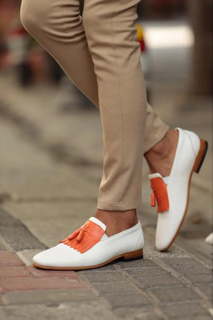 Empire White Kilt Tassel Slip-Ons: Elegance Redefined - BRABION