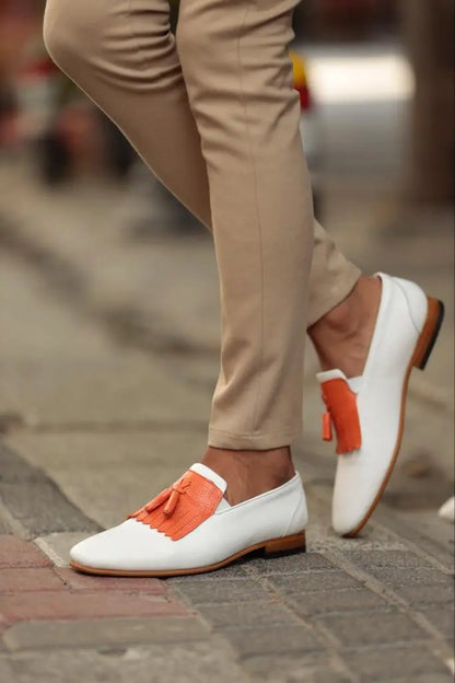 Empire White Kilt Tassel Slip-Ons: Elegance Redefined - BRABION