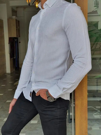 Brabion Mantova White Slim Fit Long Sleeve Striped Cotton Shirt - BRABION