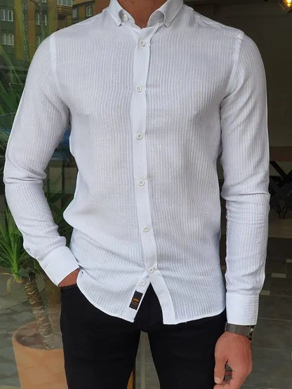 Brabion Mantova White Slim Fit Long Sleeve Striped Cotton Shirt - BRABION
