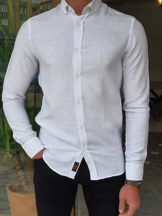 Brabion Mantova White Slim Fit Long Sleeve Striped Cotton Shirt - BRABION