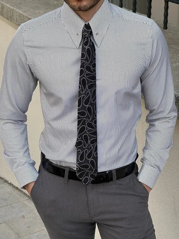 Brabion Berton Black Slim Fit Long Sleeve Pinstripe Dress Shirt - BRABION