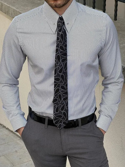 Brabion Berton Black Slim Fit Long Sleeve Pinstripe Dress Shirt - BRABION