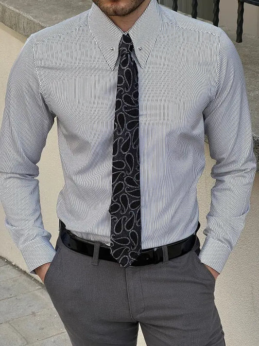 Brabion Berton Black Slim Fit Long Sleeve Pinstripe Dress Shirt - BRABION