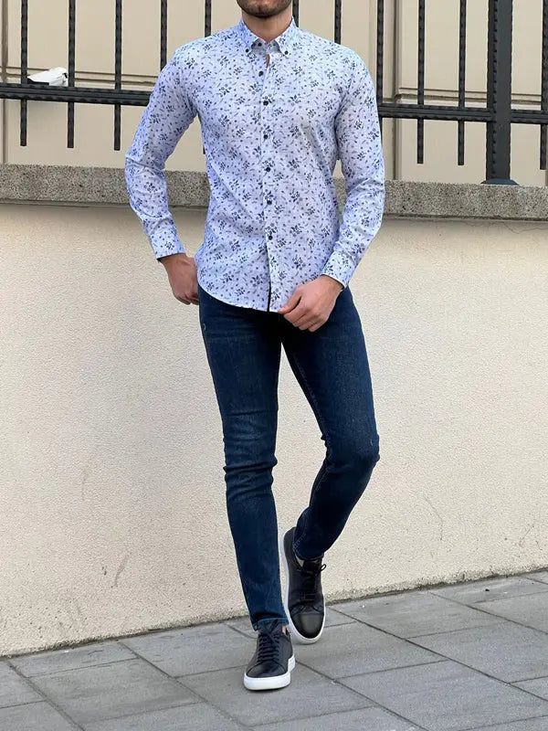 Brabion Tampa Blue Slim Fit Long Sleeve Floral Shirt - BRABION