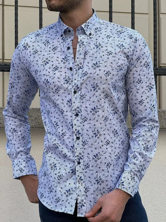 Brabion Tampa Blue Slim Fit Long Sleeve Floral Shirt - BRABION