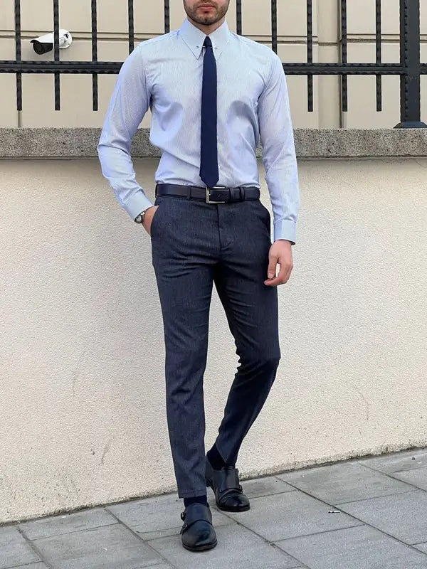 Brabion Berton Blue Slim Fit Long Sleeve Pinstripe Dress Shirt - BRABION