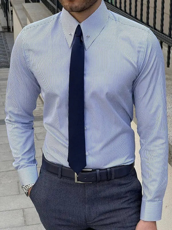 Brabion Berton Blue Slim Fit Long Sleeve Pinstripe Dress Shirt - BRABION