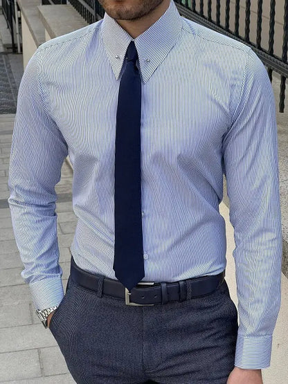 Brabion Berton Blue Slim Fit Long Sleeve Pinstripe Dress Shirt - BRABION
