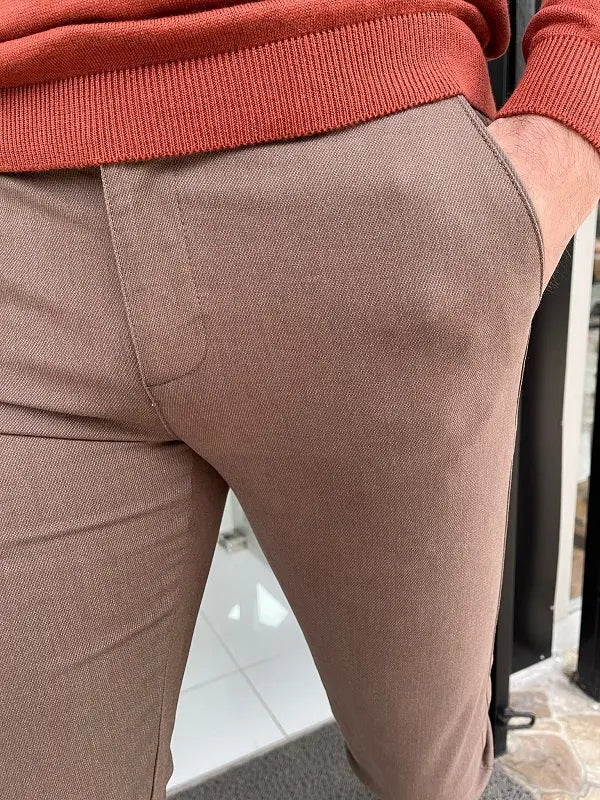 Hazel Brown Slim Fit Cotton Lycra Pants - BRABION