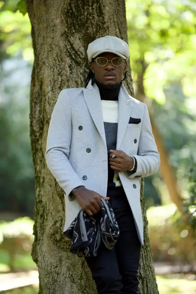 Caesar Slim Fit Double Breasted Grey Wool Cachet Coat - BRABION